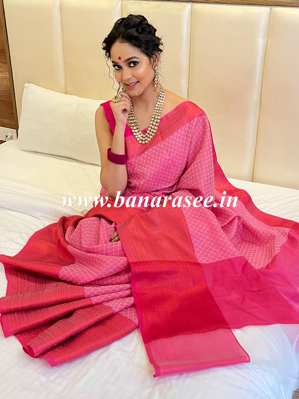 Banarasee Kora Muslin Saree With Contrast Skirt Border-Pink