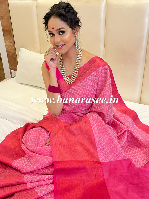 Banarasee Kora Muslin Saree With Contrast Skirt Border-Pink