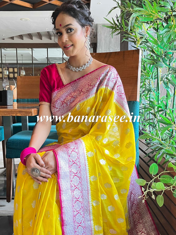 Banarasee Handwoven Faux Georgette Saree With Silver Zari Buti & Contrast Border Design-Yellow