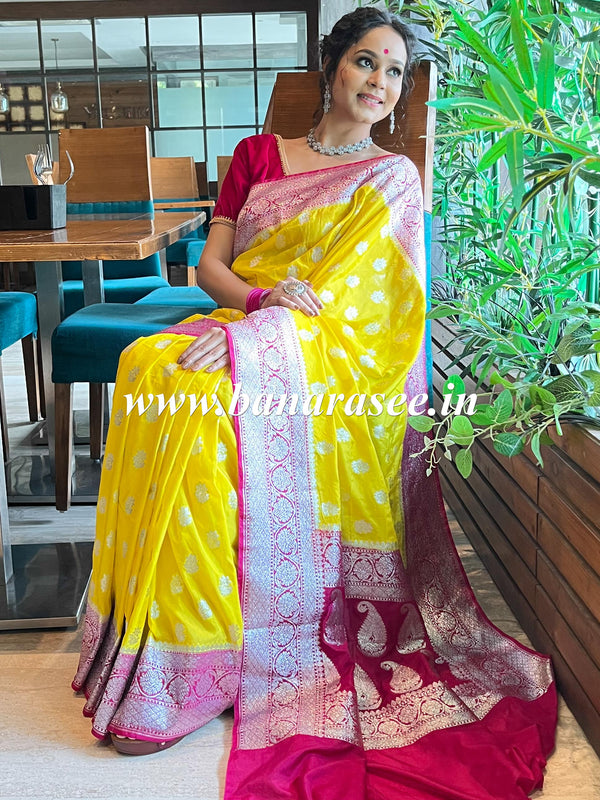 Banarasee Handwoven Faux Georgette Saree With Silver Zari Buti & Contrast Border Design-Yellow