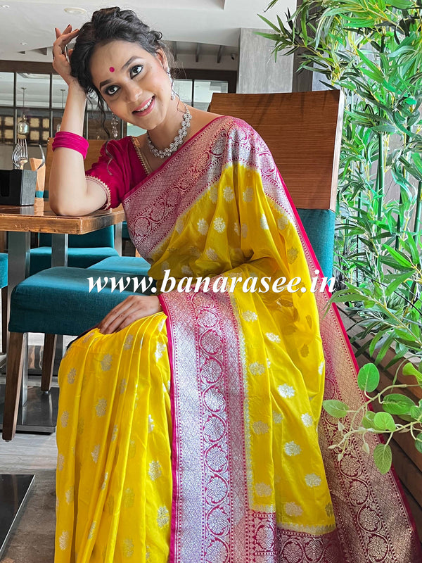 Banarasee Handwoven Faux Georgette Saree With Silver Zari Buti & Contrast Border Design-Yellow