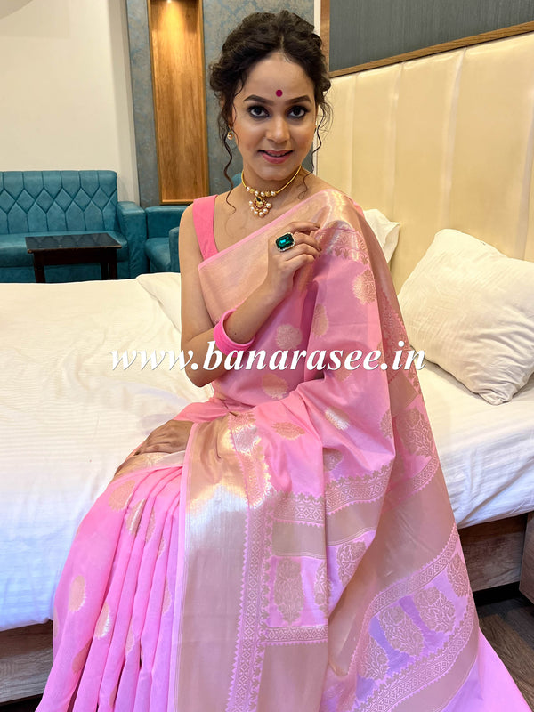 Banarasee Handwoven Semi Silk Saree With Zari Buti & Border-Pink