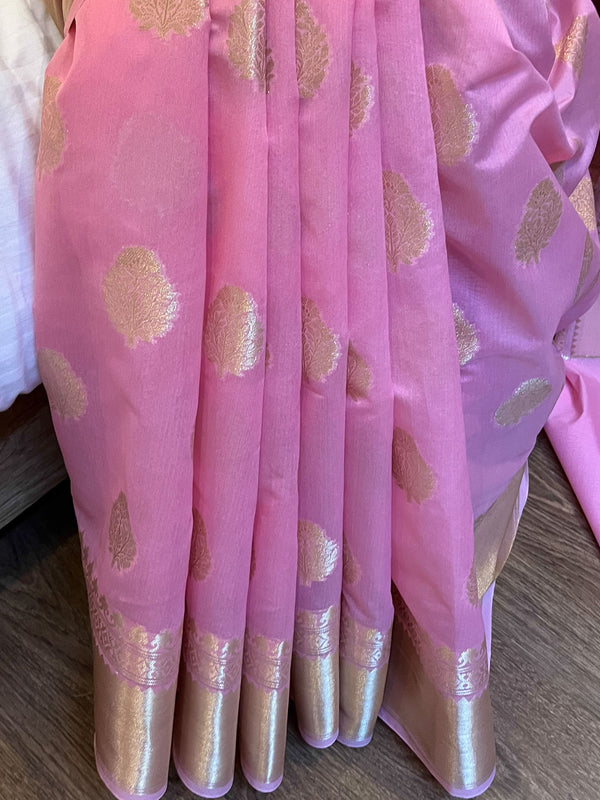 Banarasee Handwoven Semi Silk Saree With Zari Buti & Border-Pink