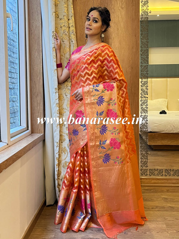 Banarasee Handwoven Semi-Chiffon Saree With Zari Work & Meena Border-Peach
