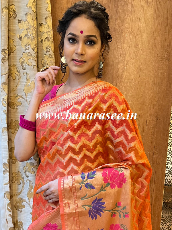 Banarasee Handwoven Semi-Chiffon Saree With Zari Work & Meena Border-Peach