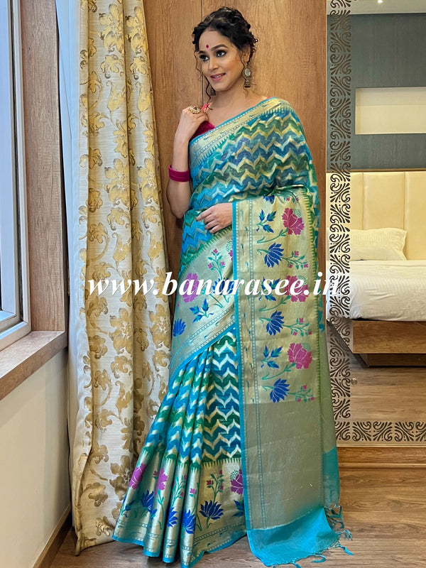 Banarasee Handwoven Semi-Chiffon Saree With Zari Work & Meena Border-Blue