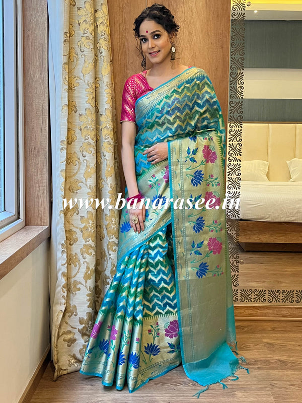 Banarasee Handwoven Semi-Chiffon Saree With Zari Work & Meena Border-Blue