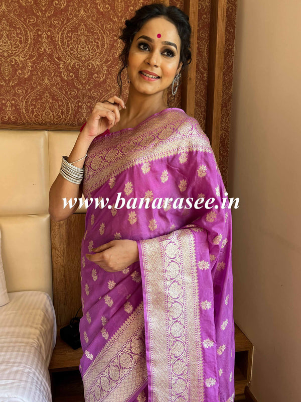 Banarasee Handwoven Faux Georgette Saree With Silver Zari Buti & Border Design-Purple