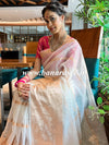Banarasee Organza Mix Saree With Stripes Design & Broad Border-White