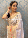 Banarasee Handwoven Semi-Chiffon Saree With Gold Zari Work-White