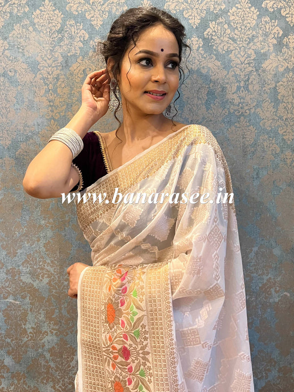 Banarasee Handwoven Semi-Chiffon Saree With Gold Zari Work-White