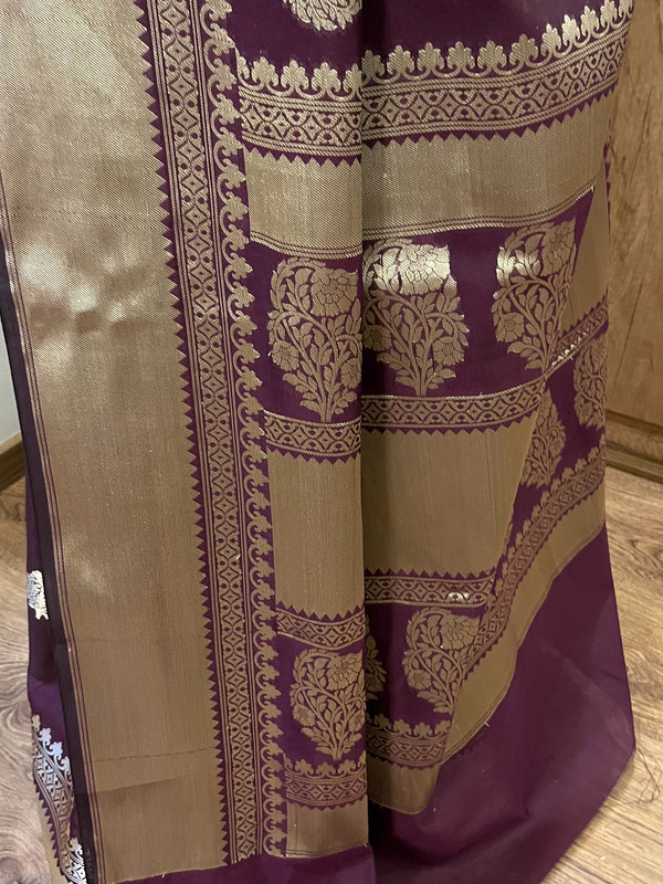 Banarasee Handwoven Semi Silk Saree With Zari Buti & Border-Wine