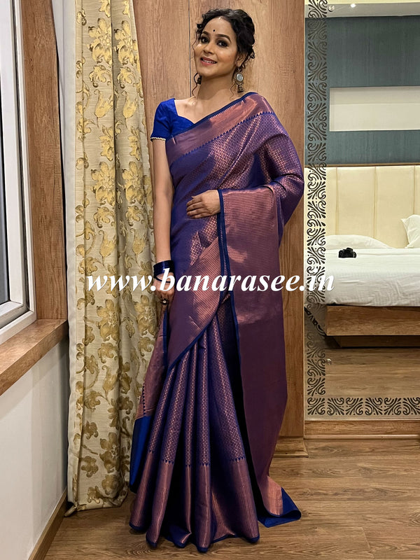 Banarasee Handwoven Semi Silk Saree With Copper Zari Design-Royal Blue