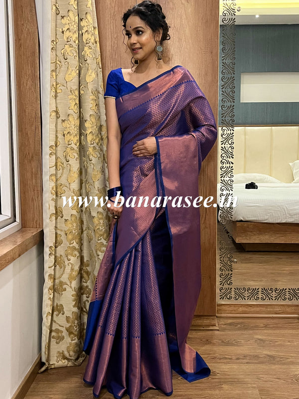 Banarasee Handwoven Semi Silk Saree With Copper Zari Design-Royal Blue