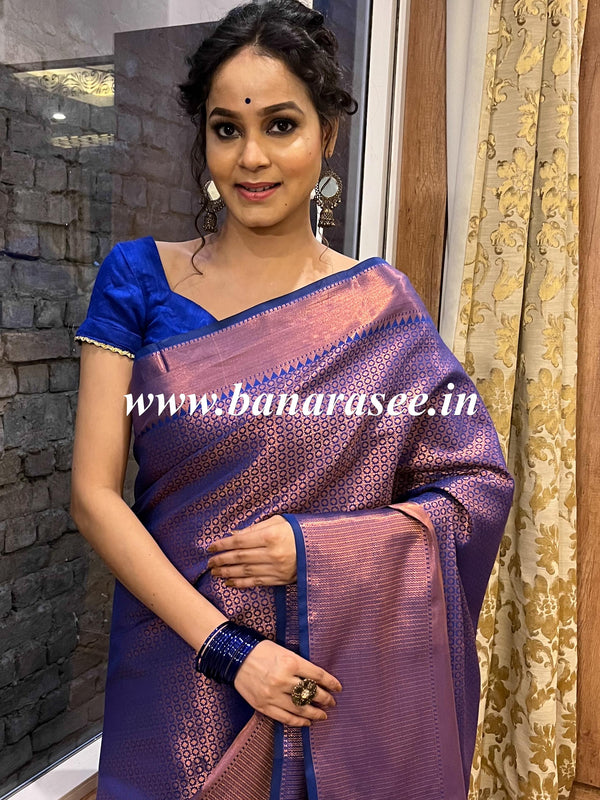 Banarasee Handwoven Semi Silk Saree With Copper Zari Design-Royal Blue