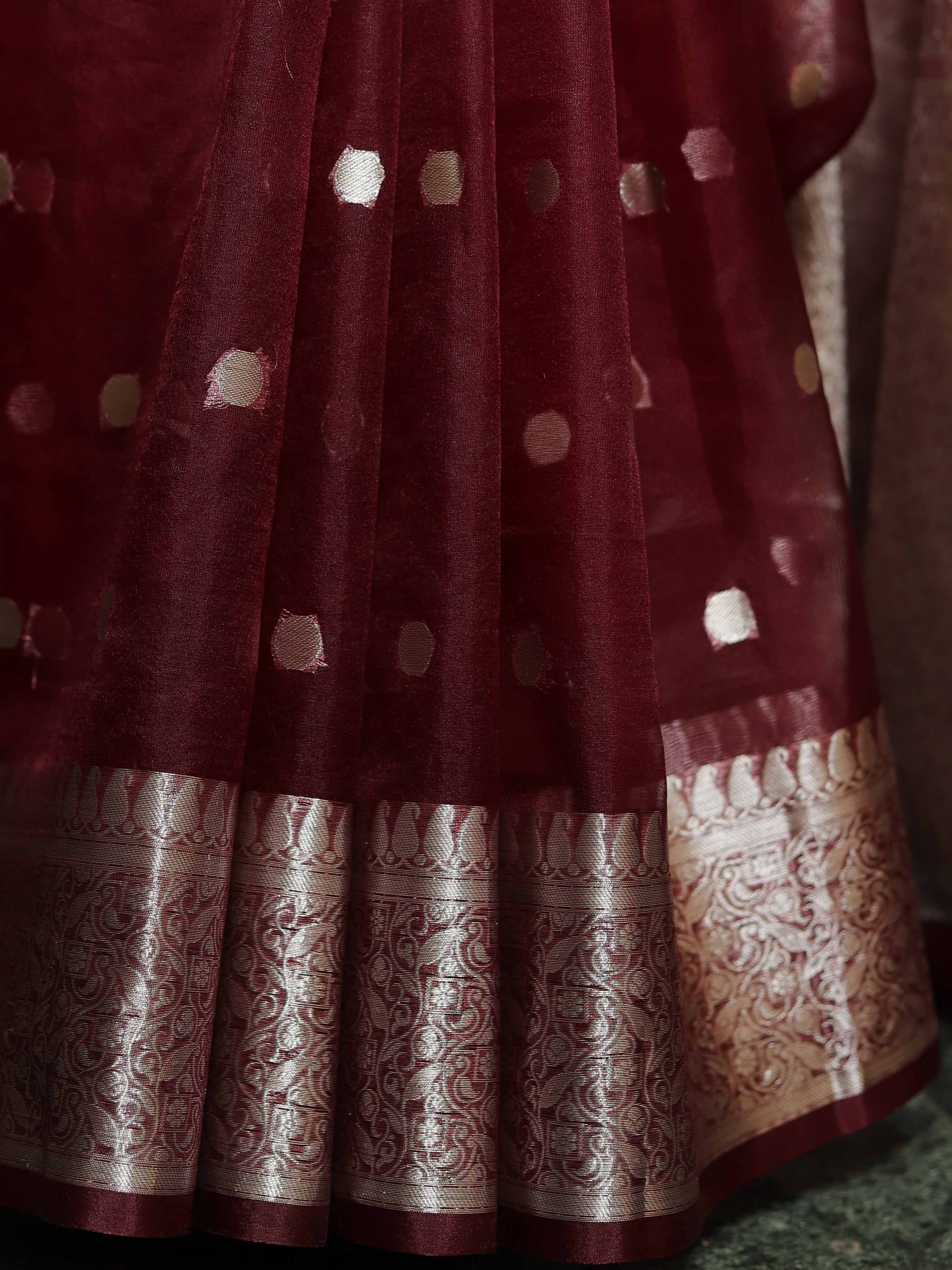 Banarasee Organza Mix Saree With Silver Zari Buta & Border-Maroon