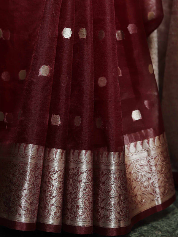 Banarasee Organza Mix Saree With Silver Zari Buta & Border-Maroon