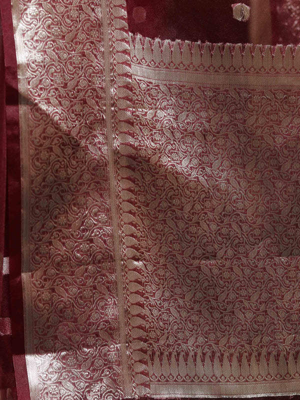 Banarasee Organza Mix Saree With Silver Zari Buta & Border-Maroon