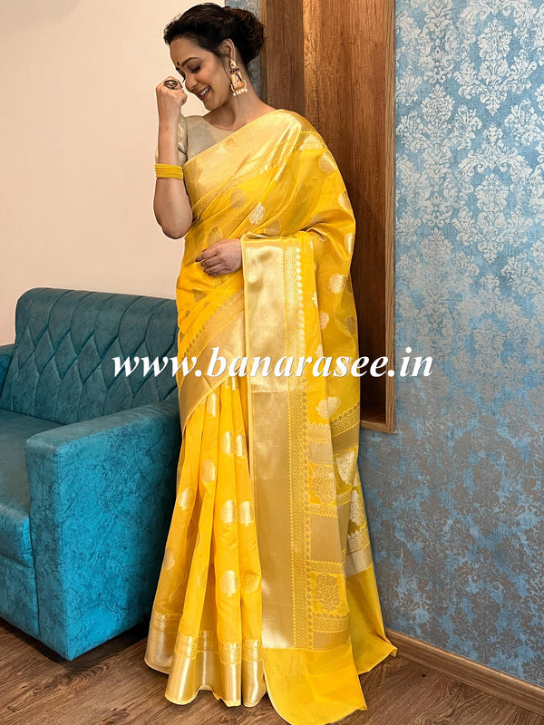 Banarasee Handwoven Semi Silk Saree With Zari Buti & Border-Yellow