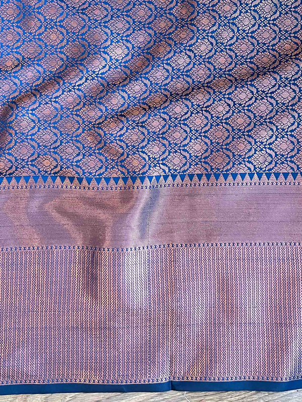 Banarasee Handwoven Semi Silk Saree With Copper Zari Design-Blue
