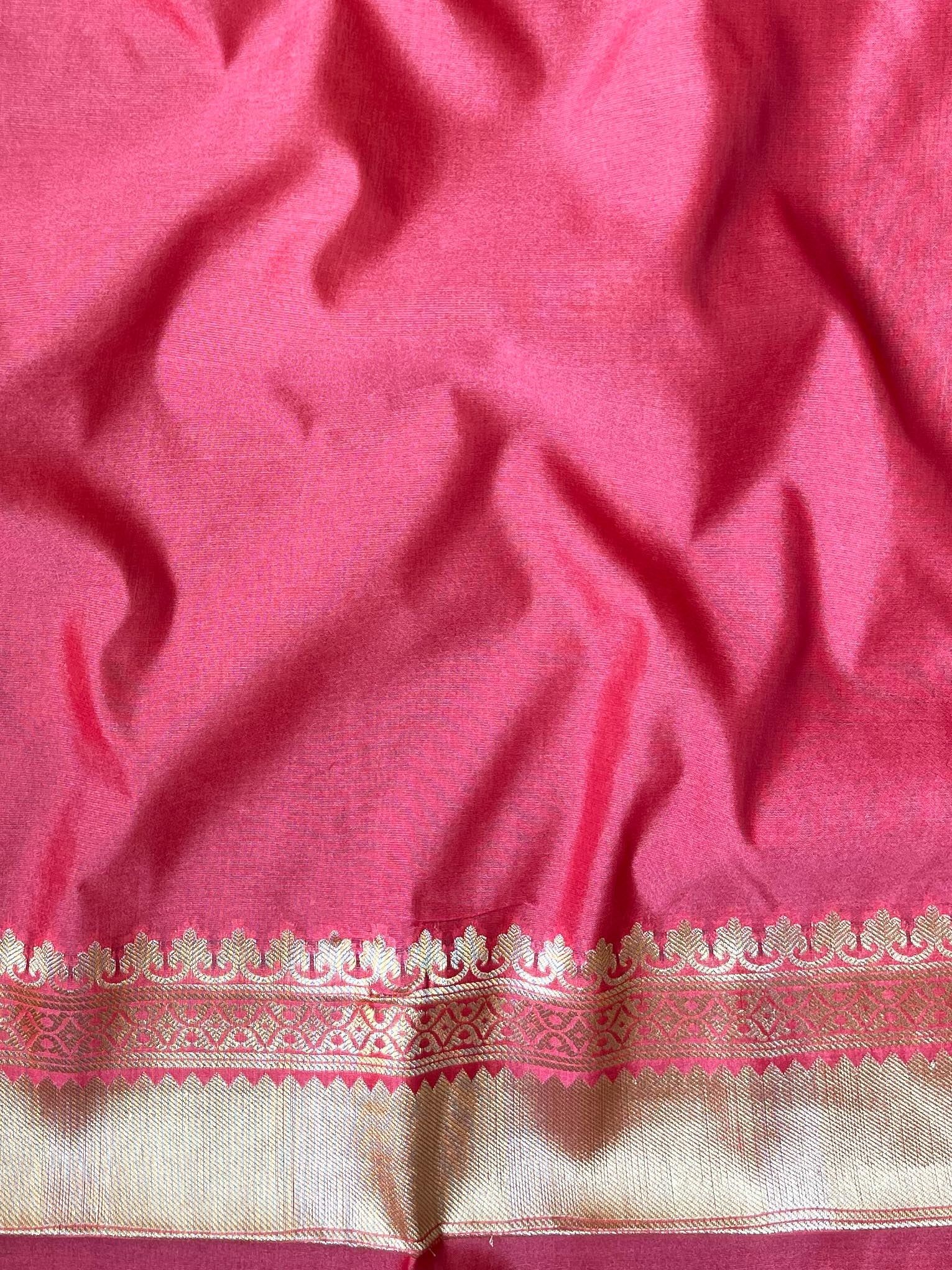 Banarasee Handwoven Semi Silk Saree With Zari Buti & Border-Strawberry Red