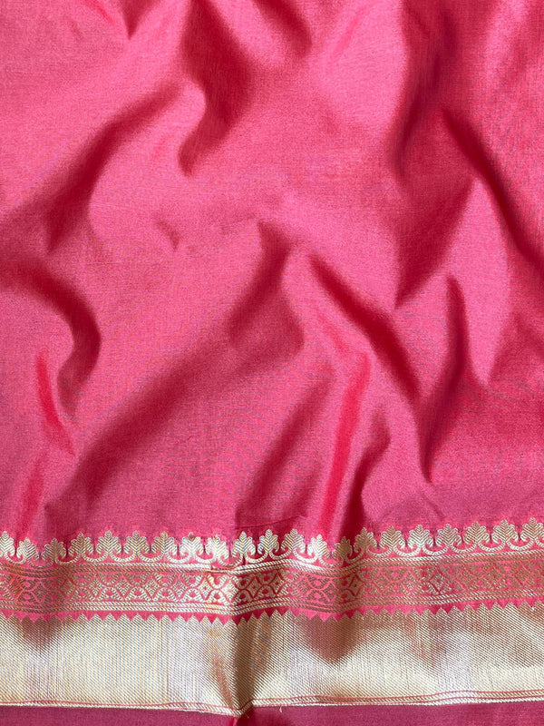 Banarasee Handwoven Semi Silk Saree With Zari Buti & Border-Strawberry Red