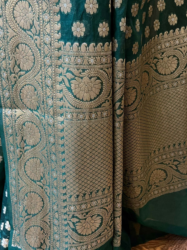 Banarasee Handwoven Semi-Chiffon Saree With Silver Zari Buti & Border-Green