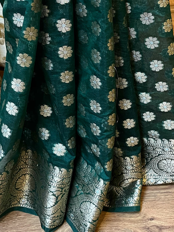 Banarasee Handwoven Semi-Chiffon Saree With Silver Zari Buti & Border-Green