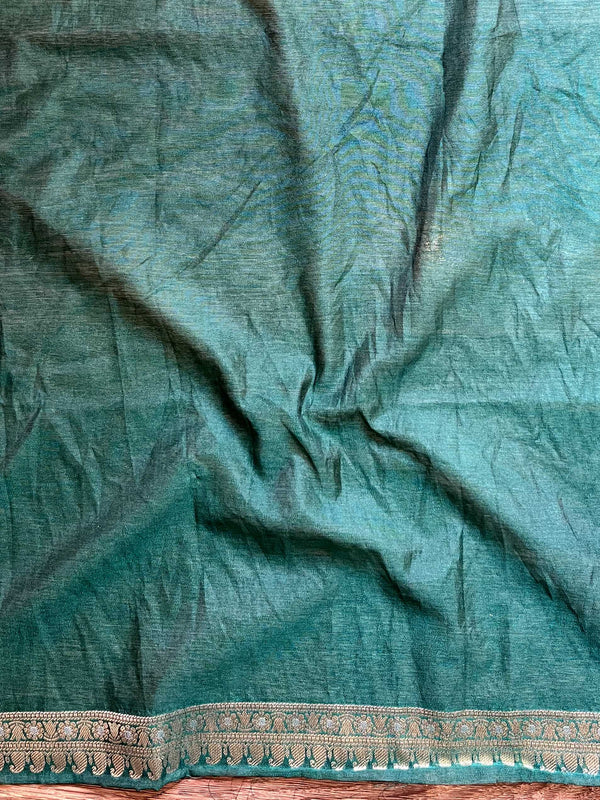 Banarasee Handwoven Semi-Chiffon Saree With Silver Zari Buti & Border-Green