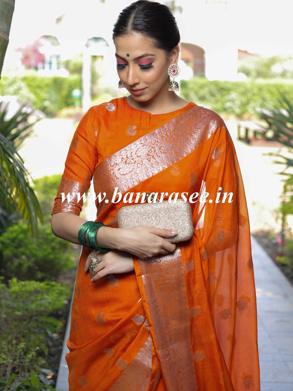 Banarasee Handwoven Semi-Chiffon Saree With Silver Zari Work-Orange