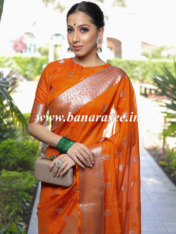 Banarasee Handwoven Semi-Chiffon Saree With Silver Zari Work-Orange