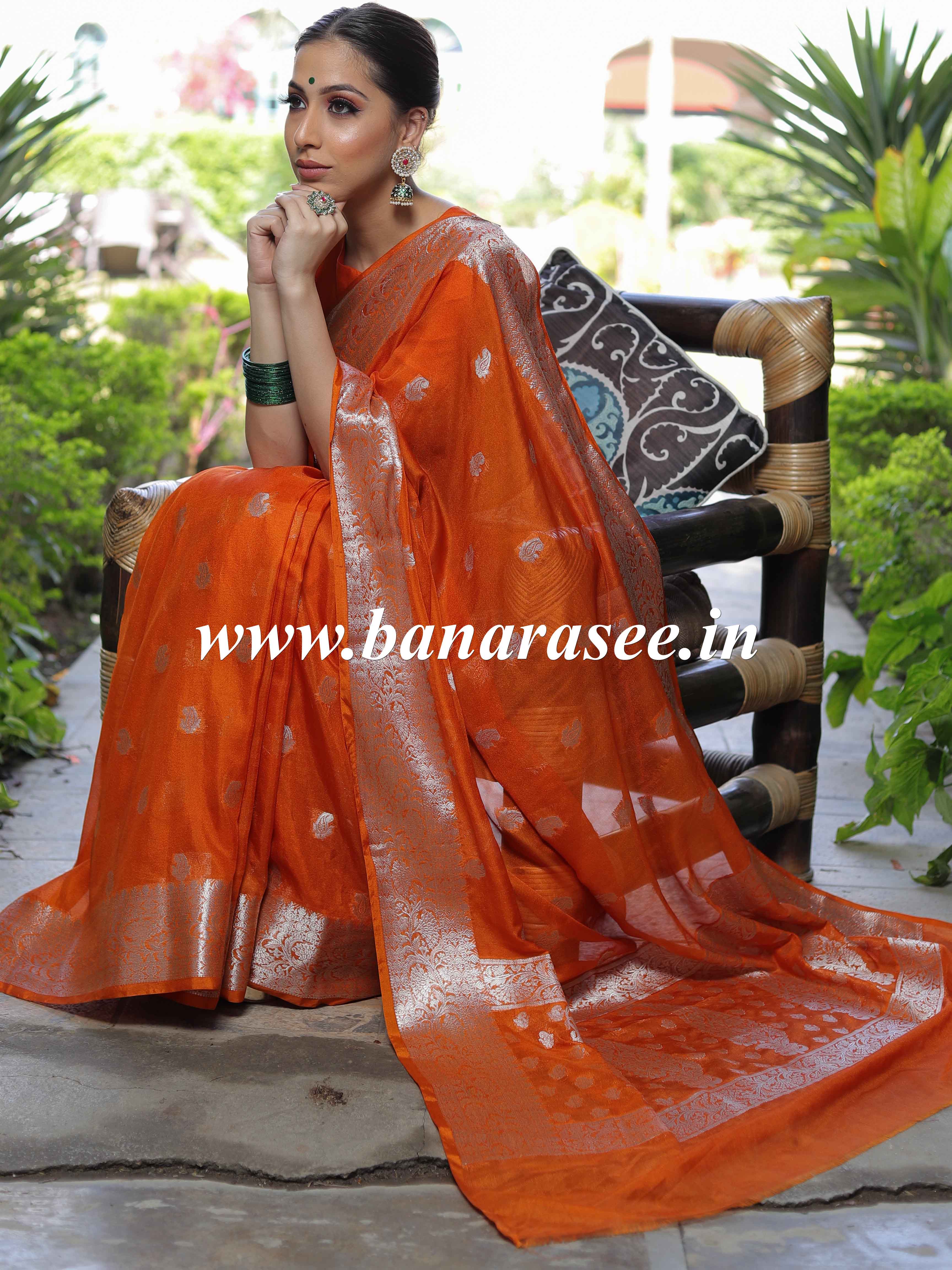 Banarasee Handwoven Semi-Chiffon Saree With Silver Zari Work-Orange