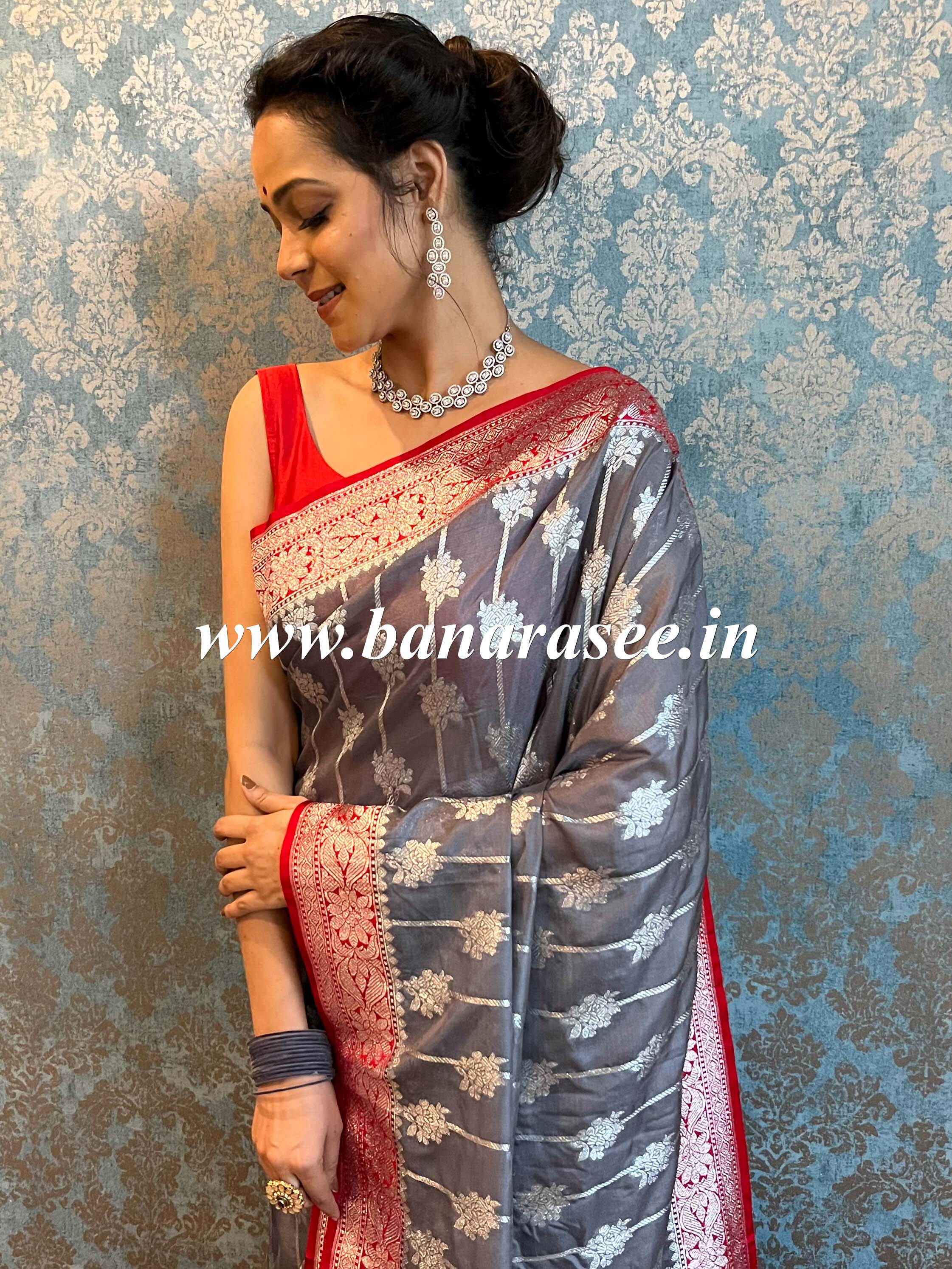 Banarasee Faux Georgette Saree With Silver Zari Jaal Work-Grey & Red