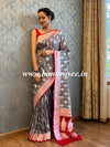 Banarasee Faux Georgette Saree With Silver Zari Jaal Work-Grey & Red