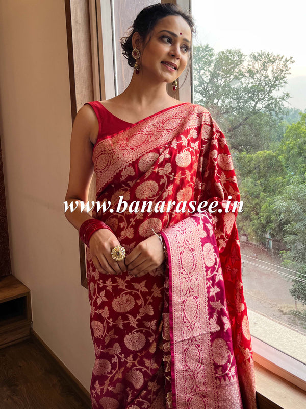 Banarasee Faux Georgette Saree With Gold Zari Jaal Work Dual Color-Red & Pink
