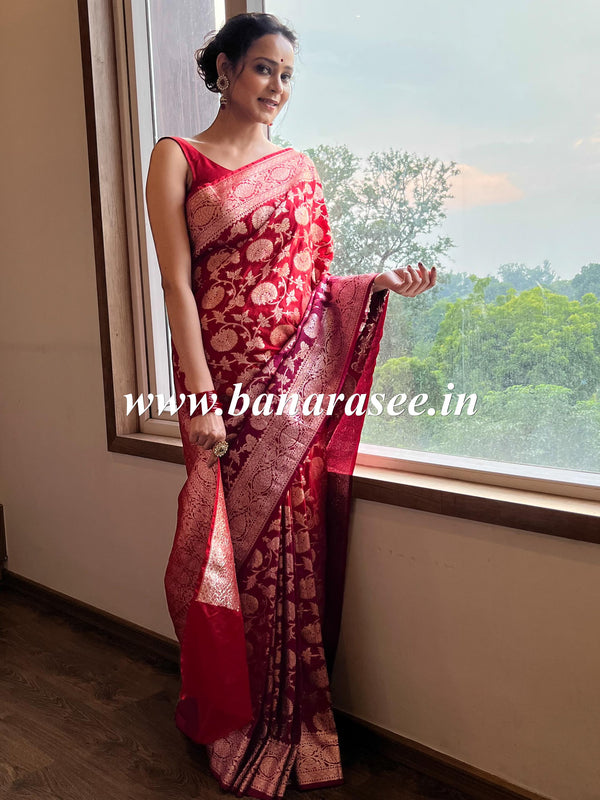 Banarasee Faux Georgette Saree With Gold Zari Jaal Work Dual Color-Red & Pink