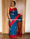 Banarasee Handwoven Cotton Silk Leaf Buta Saree With Red Satin Border-Blue