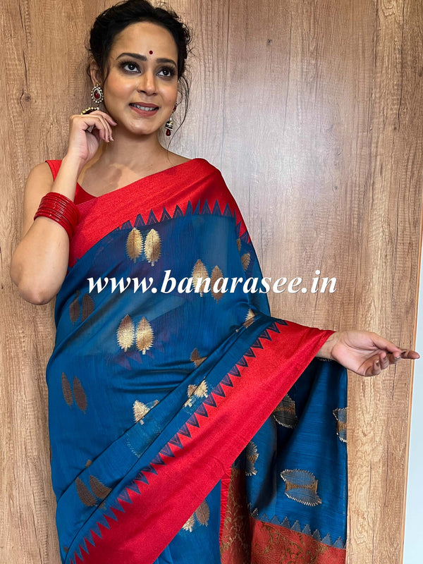 Banarasee Handwoven Cotton Silk Leaf Buta Saree With Red Satin Border-Blue