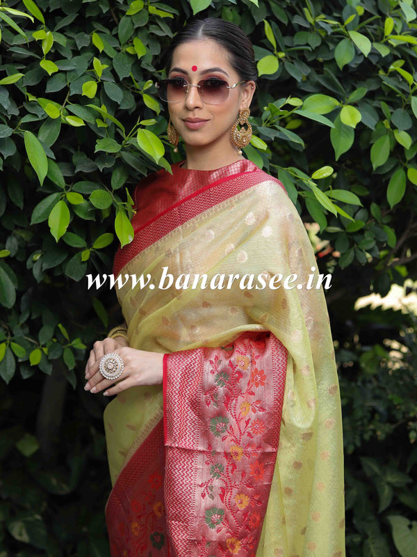 Banarasee Handwoven Contrast Border Soft Tissue Saree-Yellow & Red