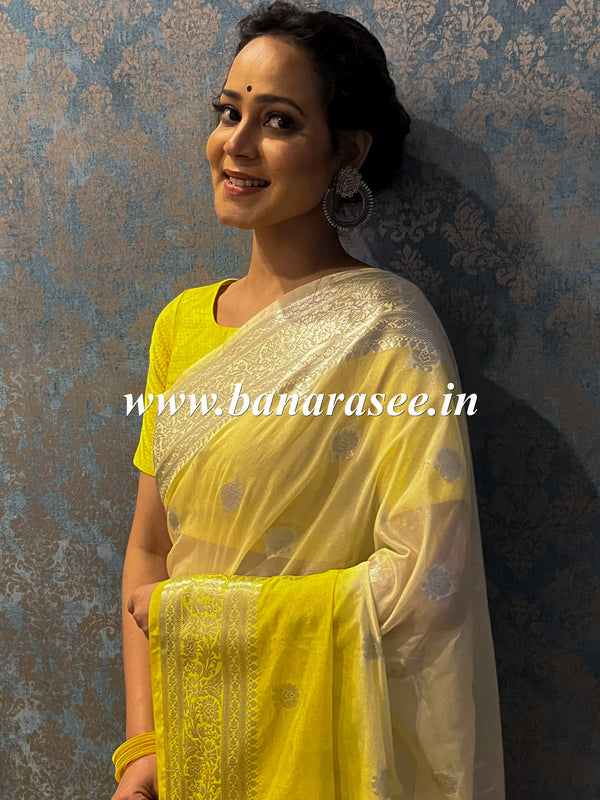 Banarasee Handwoven Semi-Chiffon Saree With Silver Zari Buti Design -White & Yellow