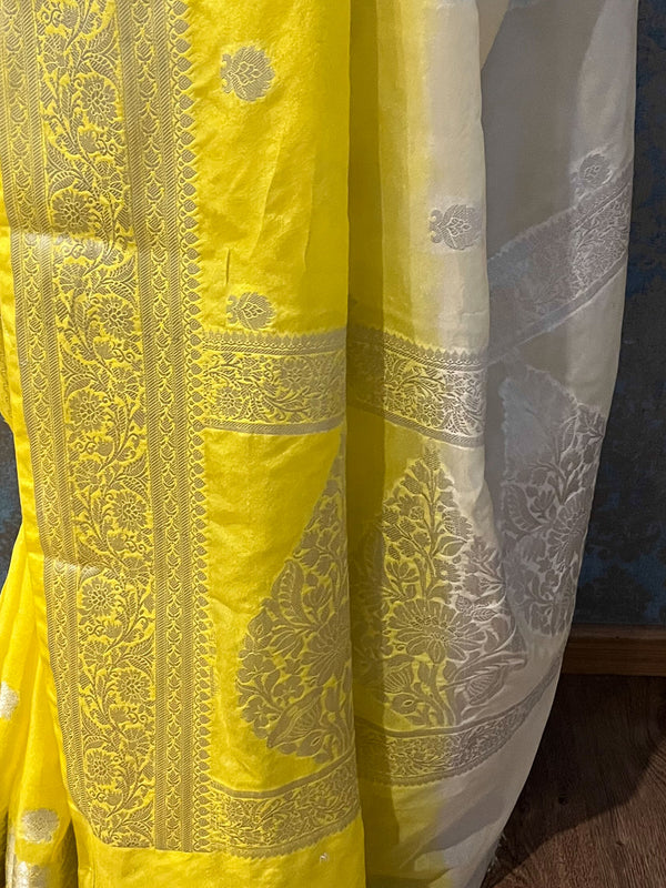 Banarasee Handwoven Semi-Chiffon Saree With Silver Zari Buti Design -White & Yellow
