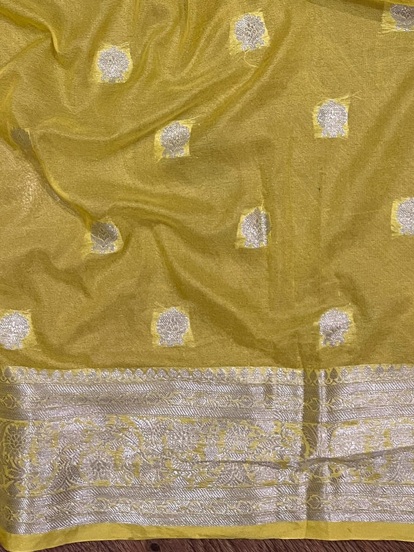 Banarasee Handwoven Semi-Chiffon Saree With Silver Zari Buti Design -White & Yellow