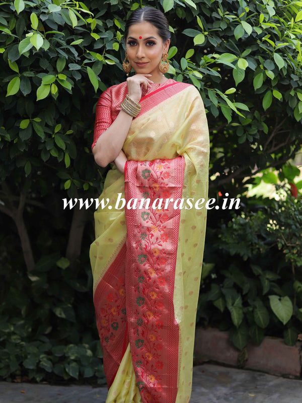 Banarasee Handwoven Contrast Border Soft Tissue Saree-Yellow & Red