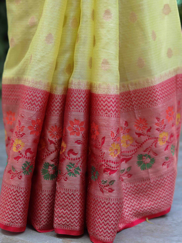 Banarasee Handwoven Contrast Border Soft Tissue Saree-Yellow & Red