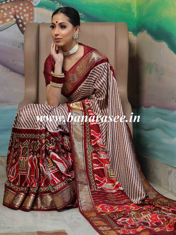 Banarasee Soft Silk Patola Saree With Zari Border-White & Maroon