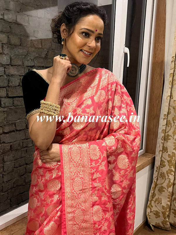 Banarasee Faux Georgette Saree With Gold Zari Jaal Work-Pink