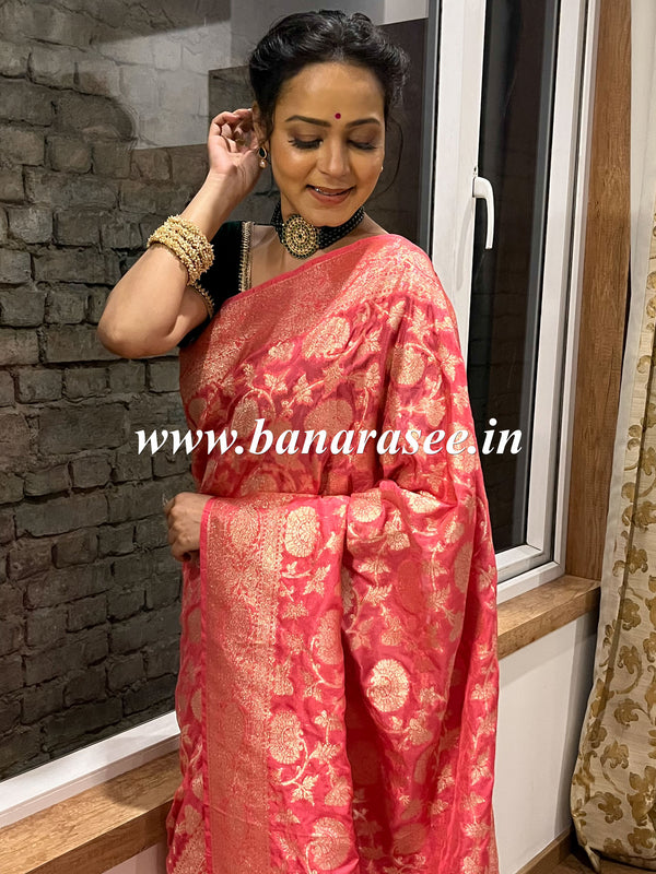 Banarasee Faux Georgette Saree With Gold Zari Jaal Work-Pink