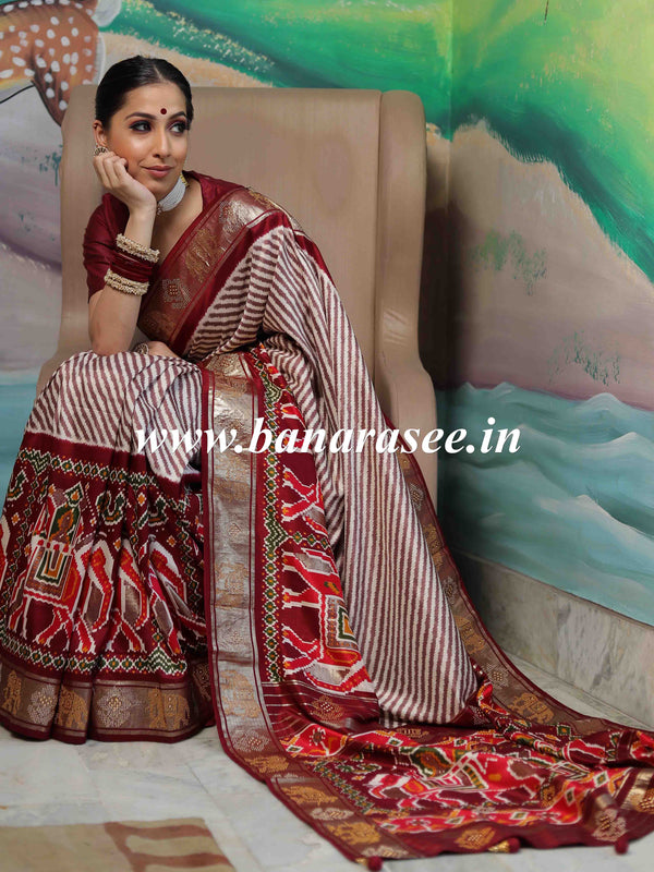 Banarasee Soft Silk Patola Saree With Zari Border-White & Maroon