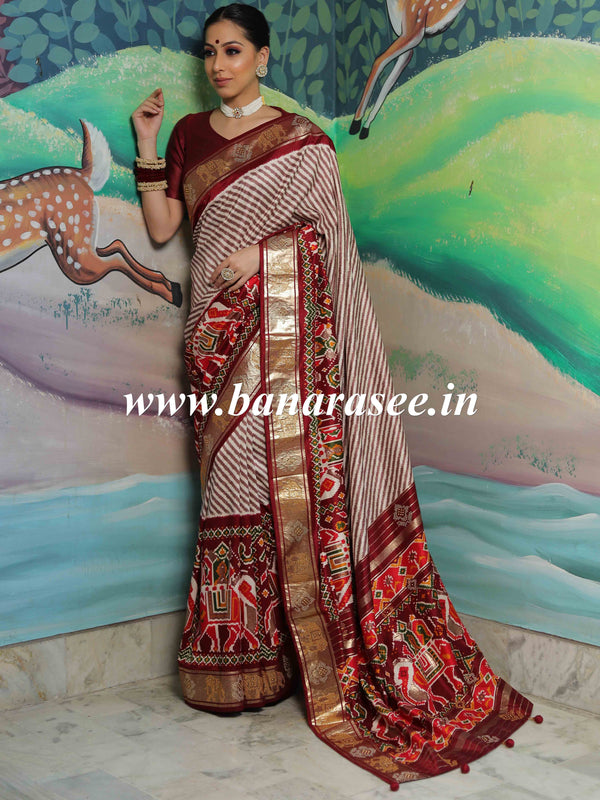 Banarasee Soft Silk Patola Saree With Zari Border-White & Maroon