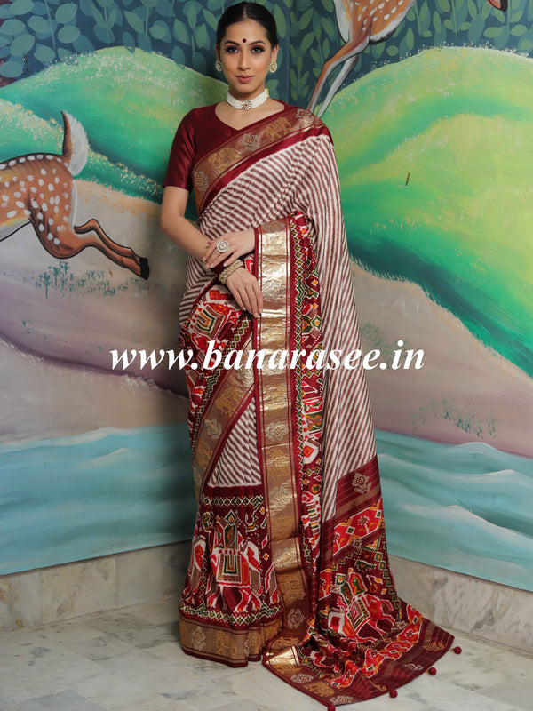 Banarasee Soft Silk Patola Saree With Zari Border-White & Maroon